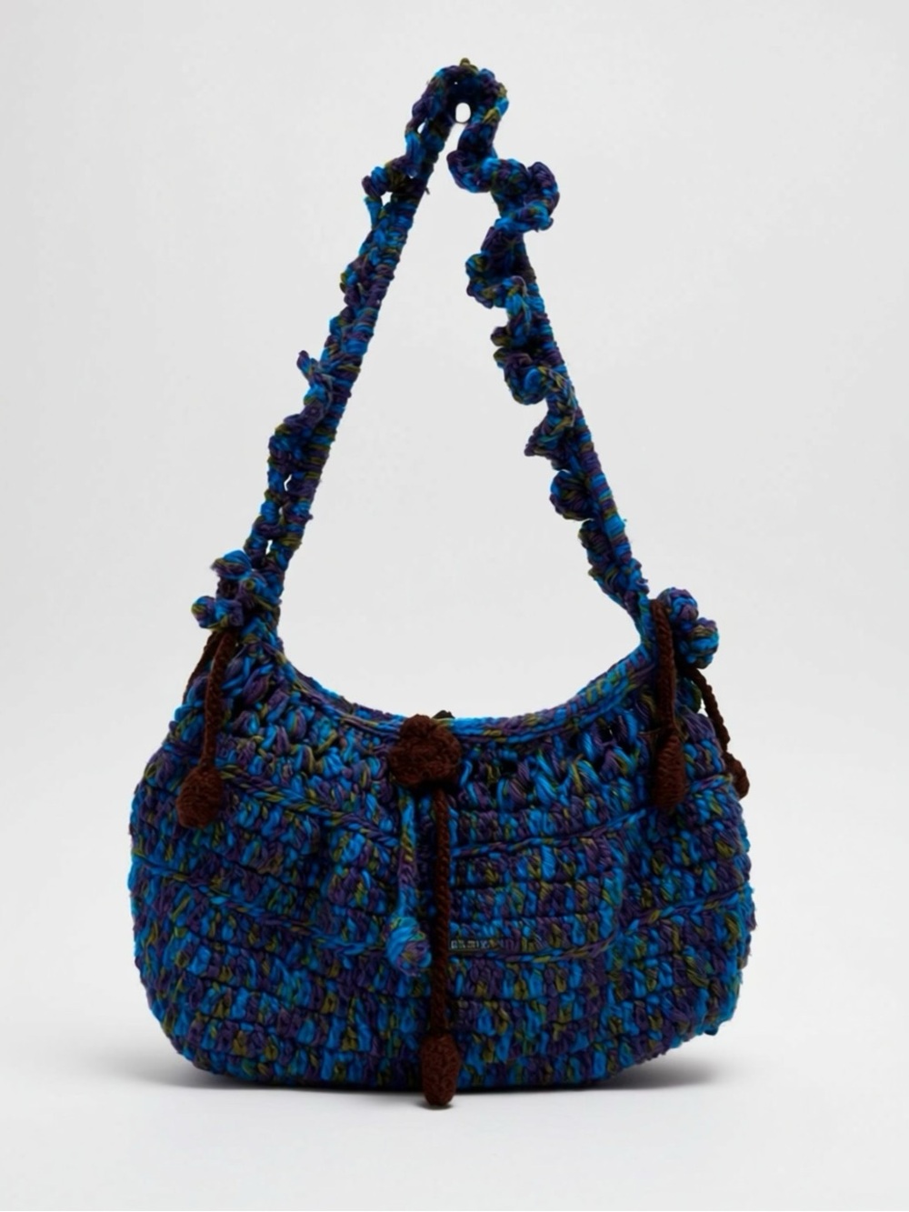 Handwoven Blue Crochet Shoulder Bag with Decorative Tassels